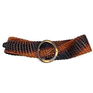 Woven Leather Belt Wide Brass Buckle Tri Color Boho Hyde Collection Size S